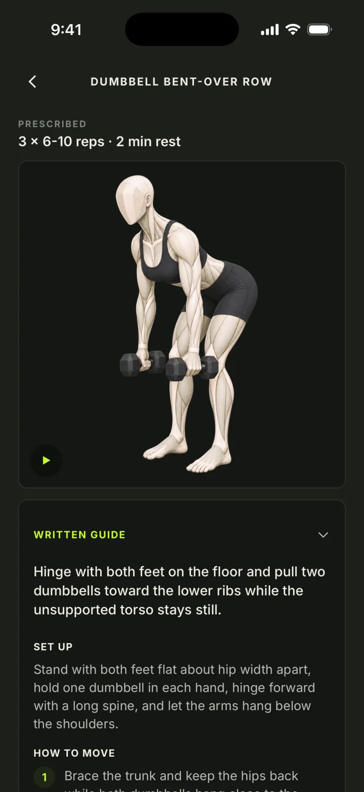 Trainer exercise page for the dumbbell bent-over row with a movement demo and written guide.