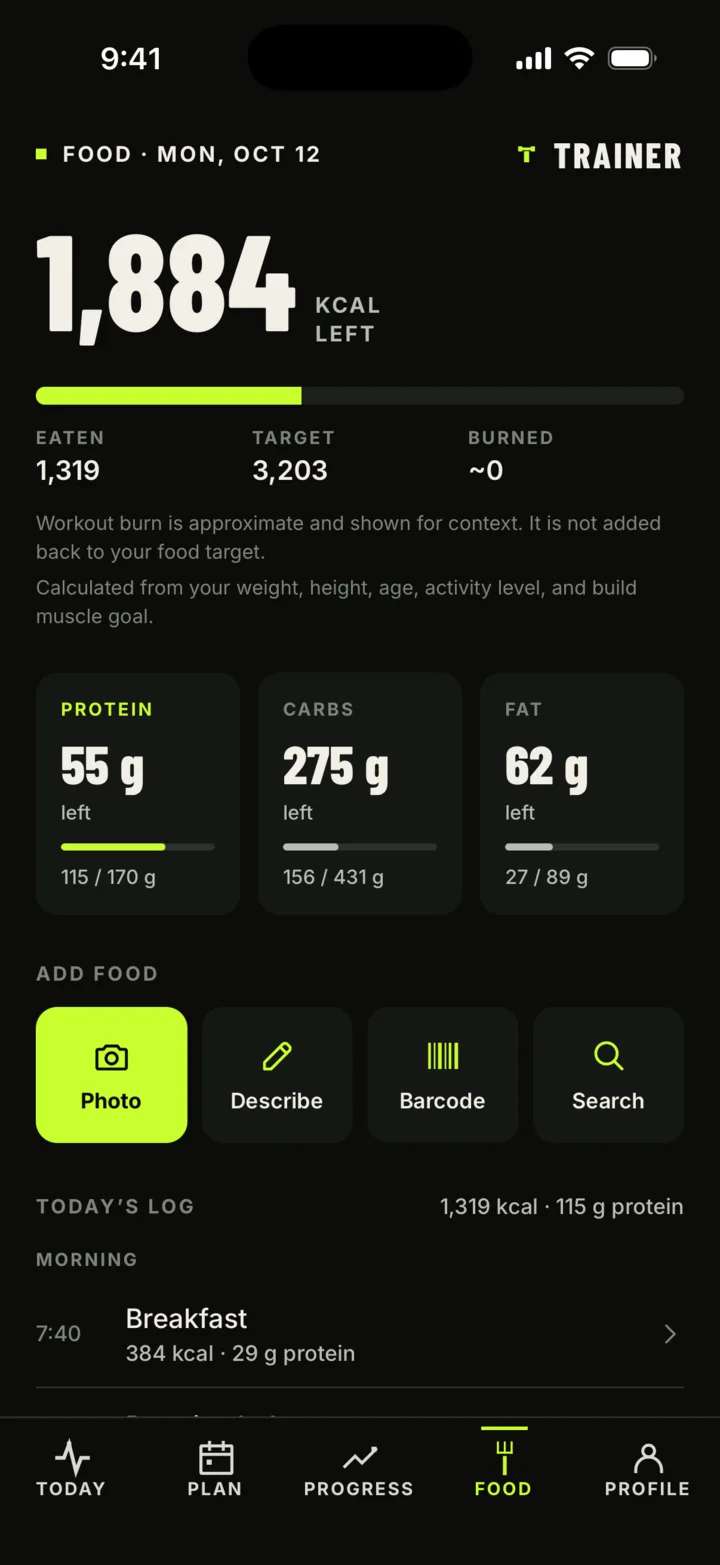 Trainer Food tab showing calories and macros left today and options to add food.
