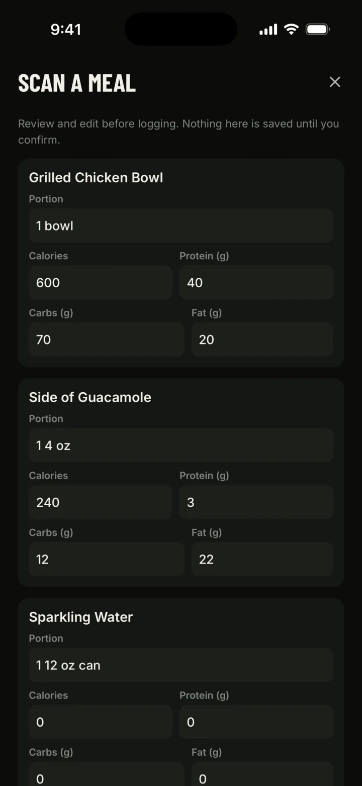 Trainer meal photo estimate with editable portions, calories, and macros for each item.