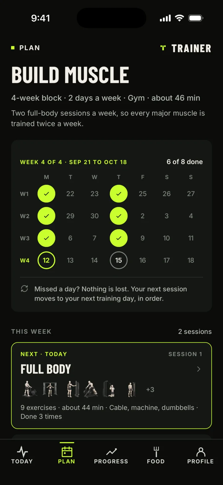 Trainer Plan tab showing a 4-week block with completed sessions and this week's next session.