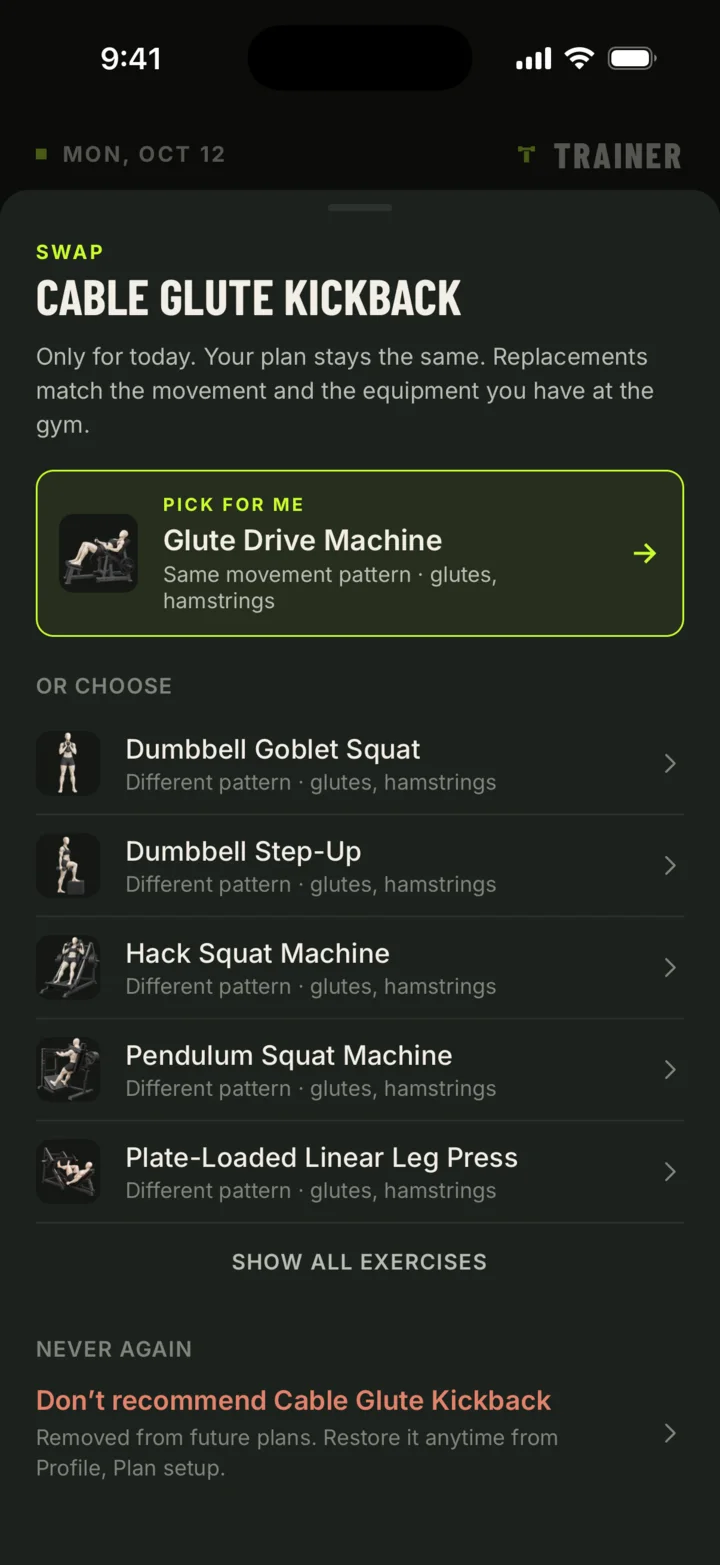 Trainer exercise swap sheet with a recommended replacement and alternatives.