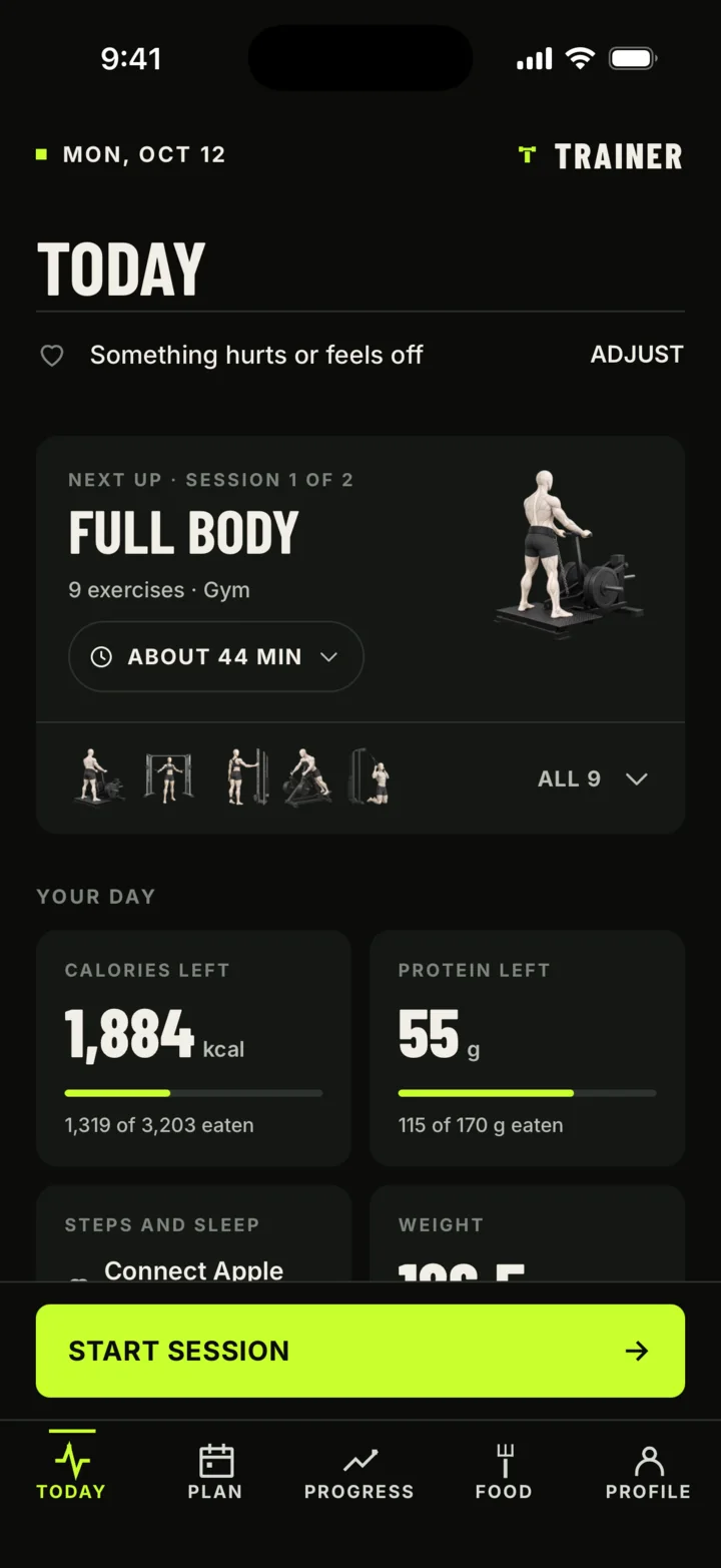 Trainer Today tab with the next session, calories left, and protein left.